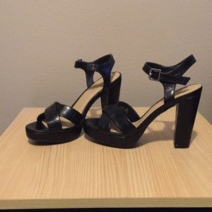 Black leather platform heel sandals